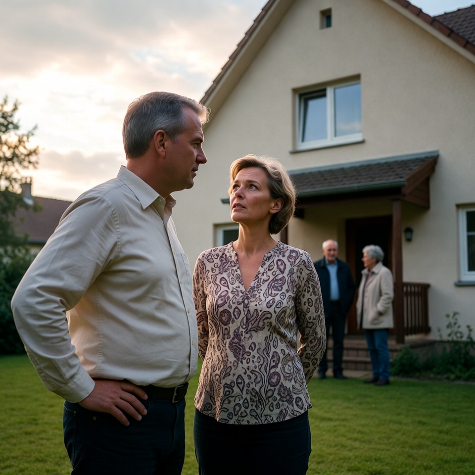 Familie betrachtet geerbtes Haus und bespricht Sanierungsoptionen